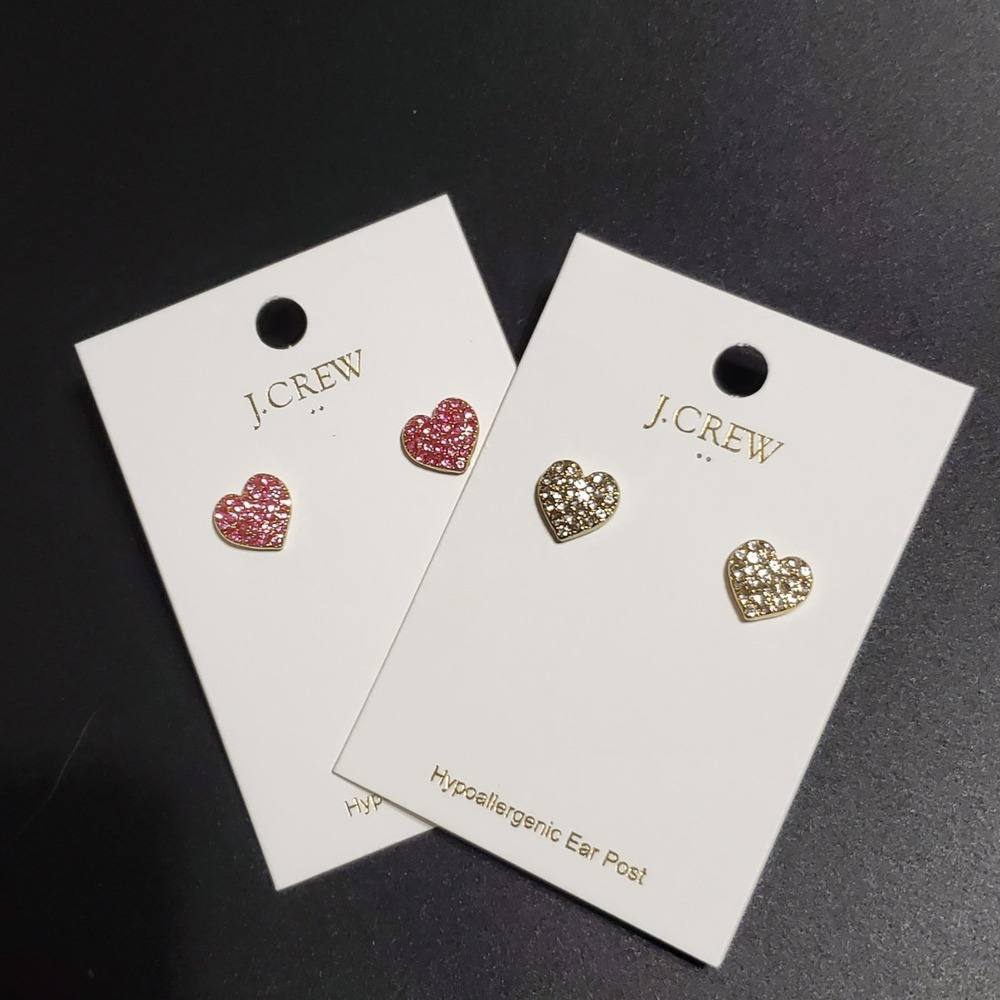 NEW 2 J.Crew Heart Stud Earrings Pink & Clear Gold Plated NWT 59 Resort